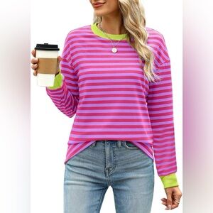 WIHOLL Women’s Long Sleeve Striped Shirts Crewneck Shirt, Hot Pink, XL, NWT